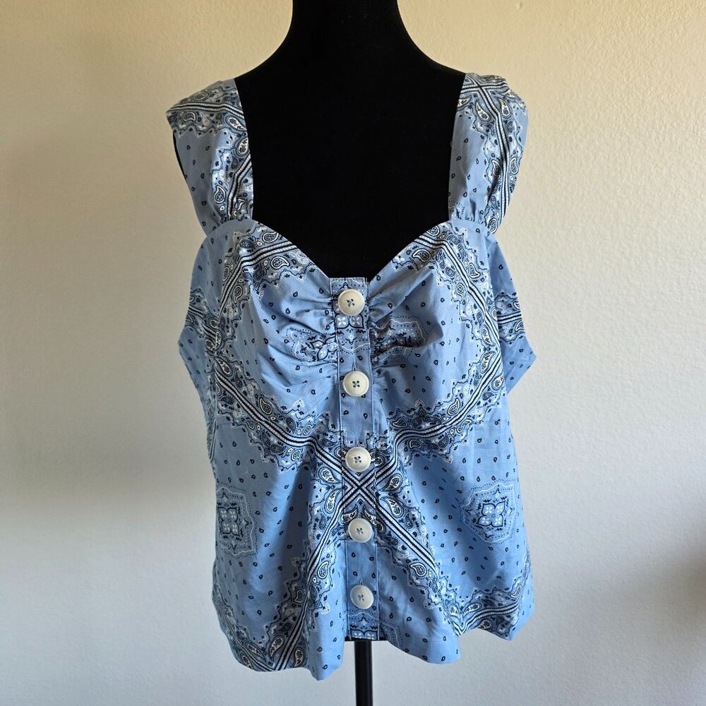 ModCloth Top Blouse Western Paisley Plus 16W Cotton Blue Sleeveless Smocked